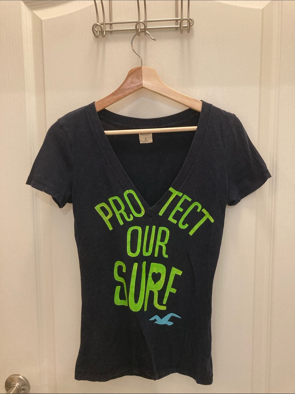 Women's V-Neck Graphic Tee - Navy with Neon Green